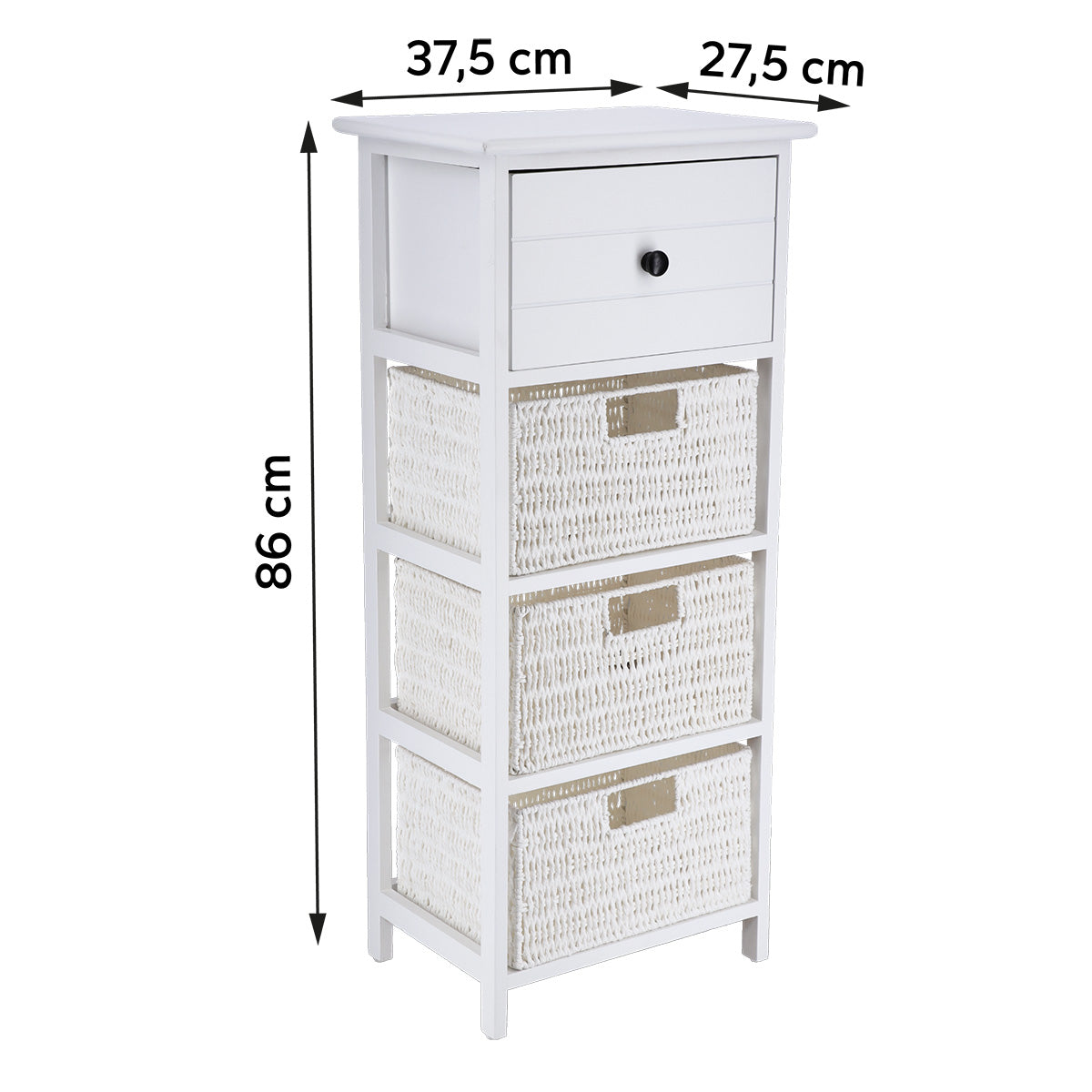 Mobilier din Paulownia/MDF cu 1 Sertar, Buton Negru și 3 Coșuri din Hârtie - Alb