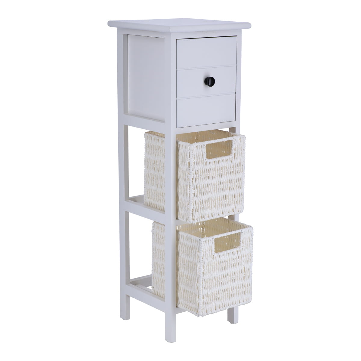 Mobilier din Paulownia/MDF cu 1 Sertar, Buton Negru și 2 Coșuri din Hârtie - Alb