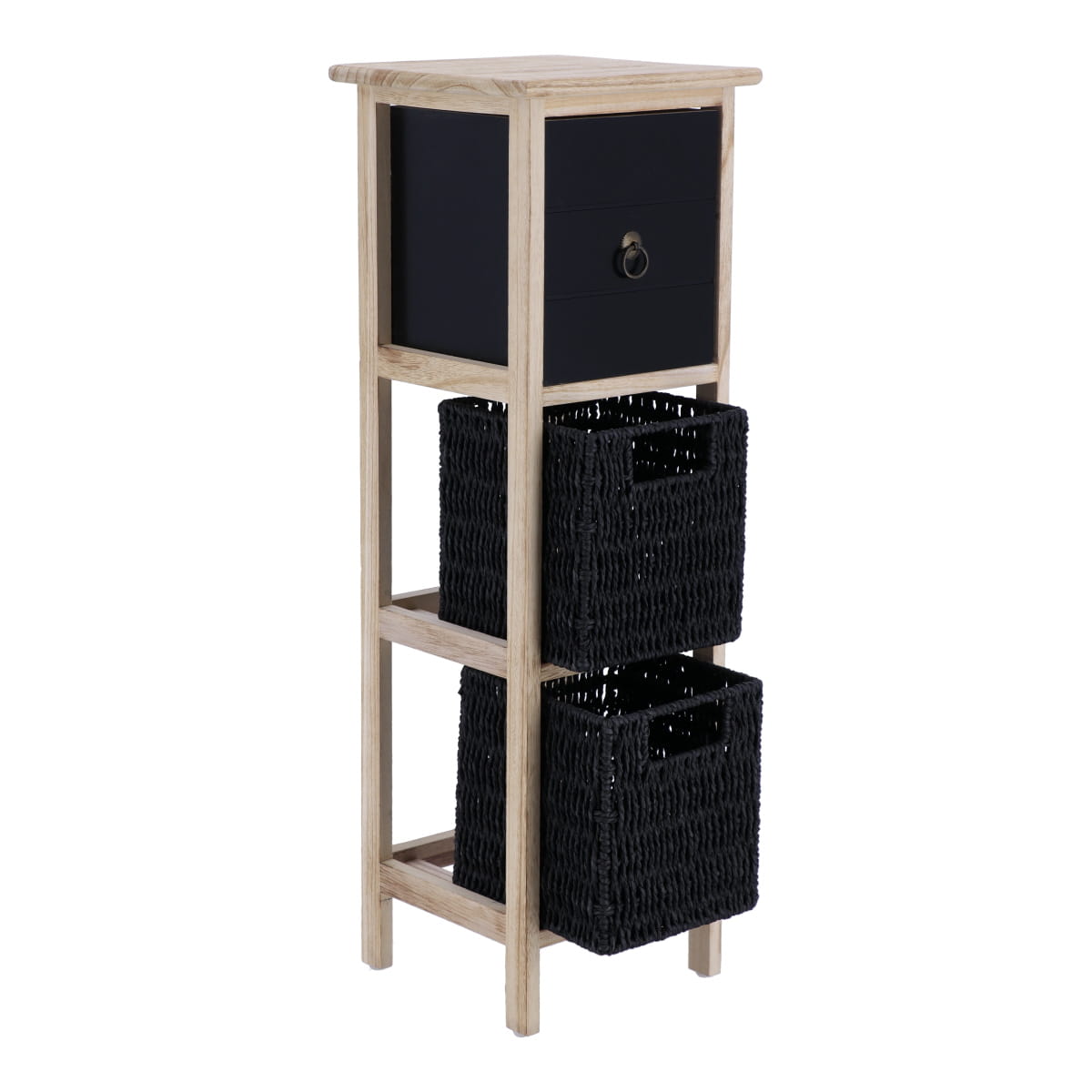 Mobilier din Paulownia/MDF cu 1 Sertar, Buton Negru și 2 Coșuri din Hârtie - Negru/Natural